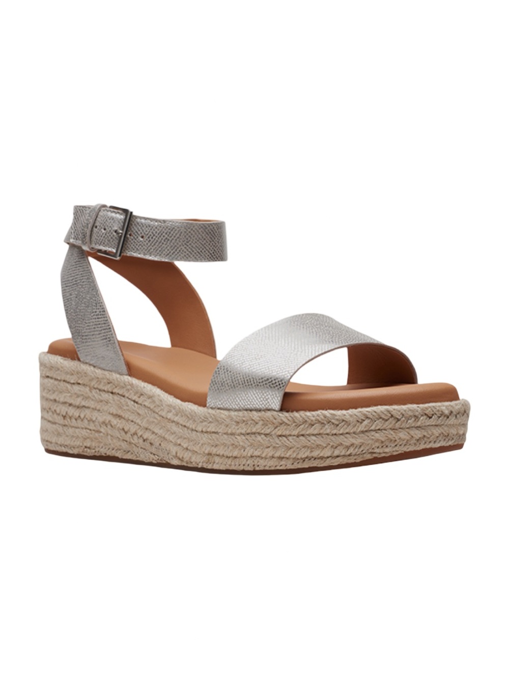 Clarks Kimmie Ivy Silver Metallic Leather Espadrille Wedge Sandals Size 8